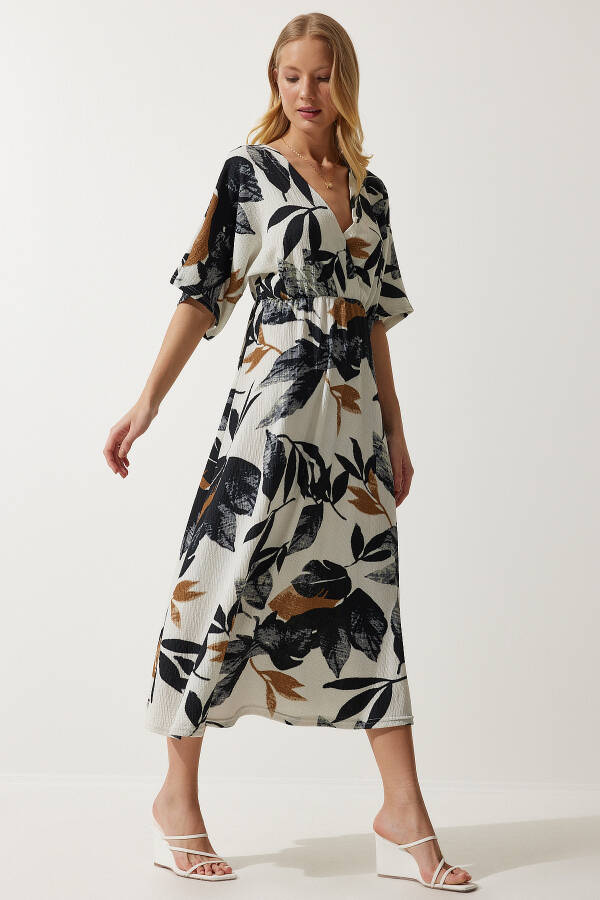 Women's Ecru Black Envelope Collar Patterned Knit Dress DK00167 - 1