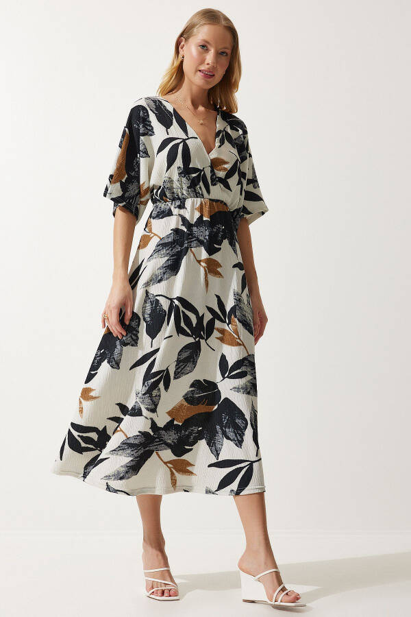 Women's Ecru Black Envelope Collar Patterned Knit Dress DK00167 - 2