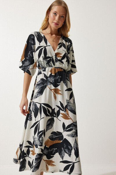 Women's Ecru Black Envelope Collar Patterned Knit Dress DK00167 - 3