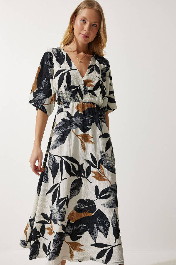 Women's Ecru Black Envelope Collar Patterned Knit Dress DK00167 - 3