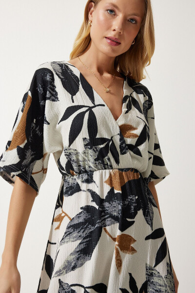 Women's Ecru Black Envelope Collar Patterned Knit Dress DK00167 - 4