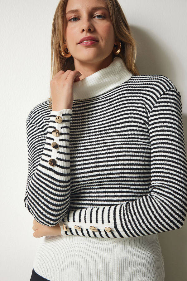 Women's Ecru Black Fisherman Neck Buttoned Cuff Knit Sweater DD01267 - 2