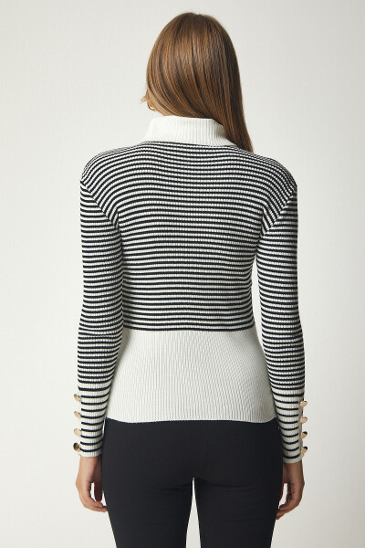 Women's Ecru Black Fisherman Neck Buttoned Cuff Knit Sweater DD01267 - 5