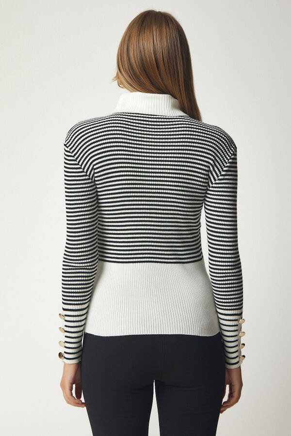 Women's Ecru Black Fisherman Neck Buttoned Cuff Knit Sweater DD01267 - 5