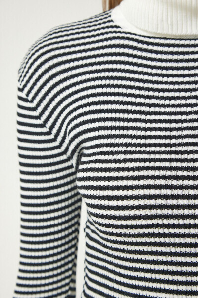 Women's Ecru Black Fisherman Neck Buttoned Cuff Knit Sweater DD01267 - 4