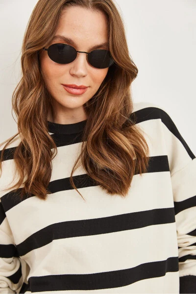 Women's Ecru Black Striped Oversized Teaseled Heavy Sweatshirt SWT-19000665 - 6