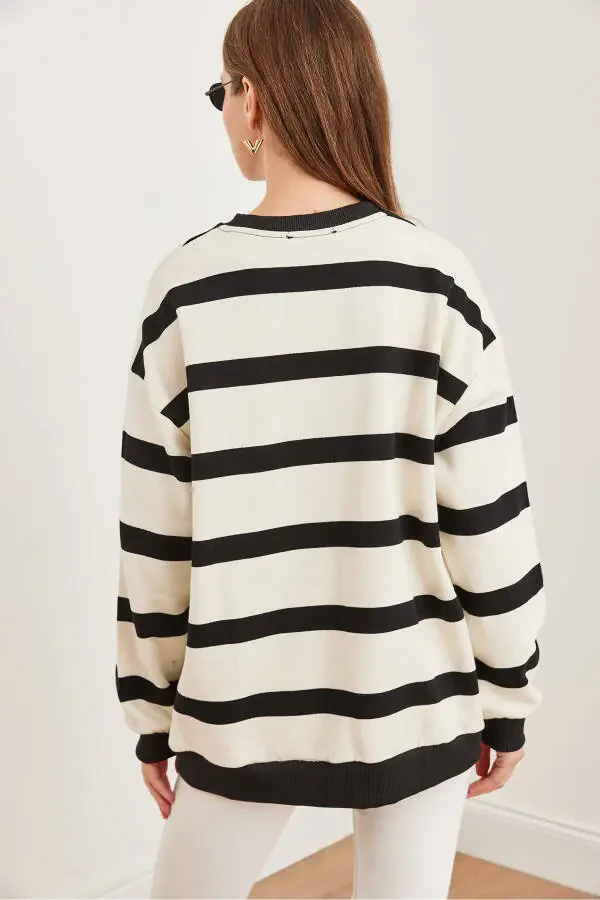 Women's Ecru Black Striped Oversized Teaseled Heavy Sweatshirt SWT-19000665 - 7