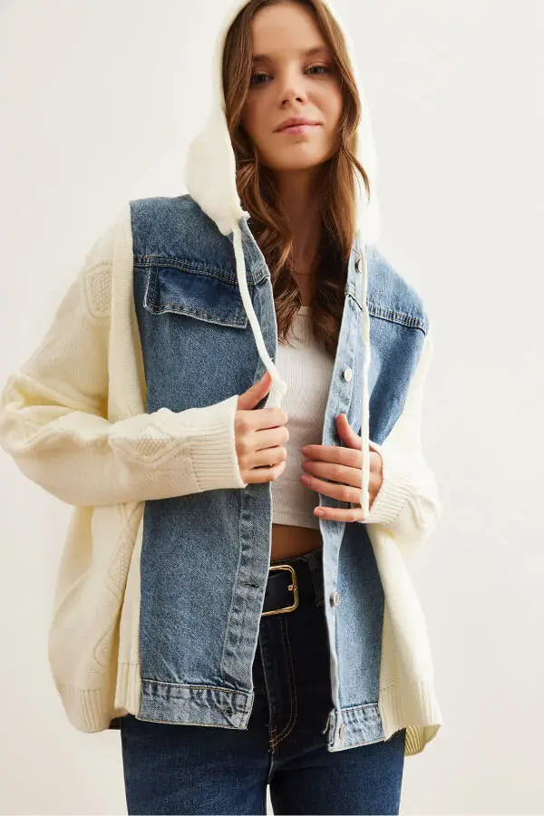 Women's Ecru Blue Denim Detailed Hooded Cardigan HRK-19000302 - 1