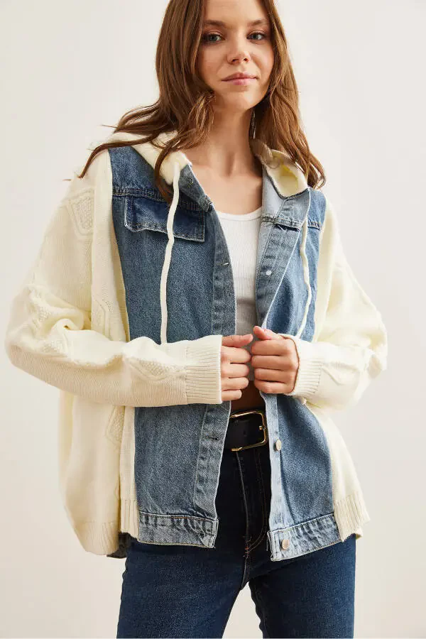 Women's Ecru Blue Denim Detailed Hooded Cardigan HRK-19000302 - 2