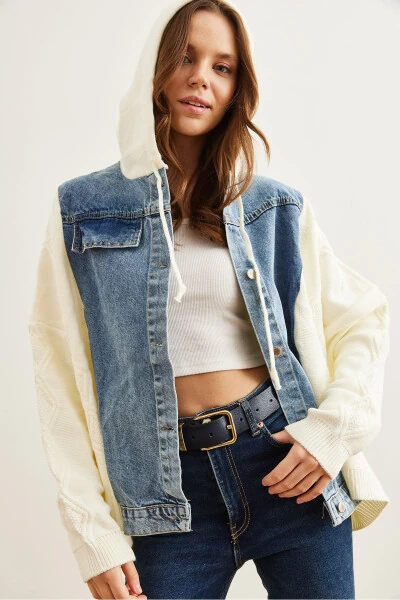 Women's Ecru Blue Denim Detailed Hooded Cardigan HRK-19000302 - 5