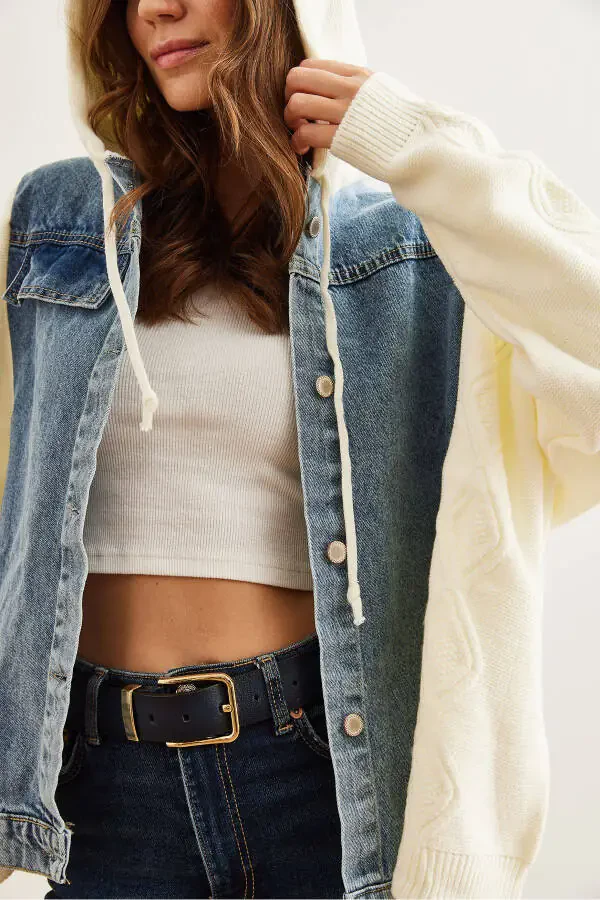 Women's Ecru Blue Denim Detailed Hooded Cardigan HRK-19000302 - 6