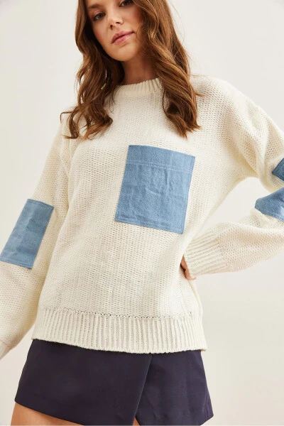 Women's Ecru Blue Denim Trim Pockets Loose Knitted Sweater KZK-19000837 - 3