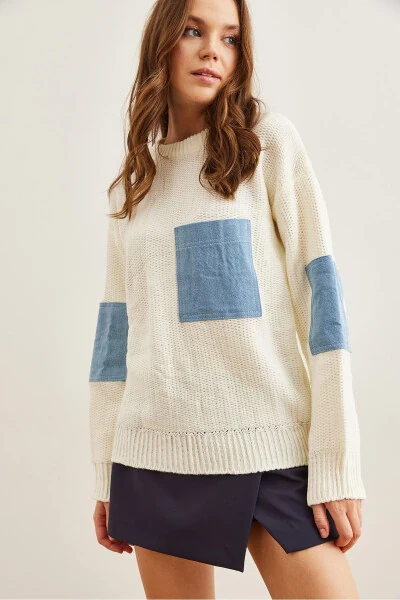 Women's Ecru Blue Denim Trim Pockets Loose Knitted Sweater KZK-19000837 - 4