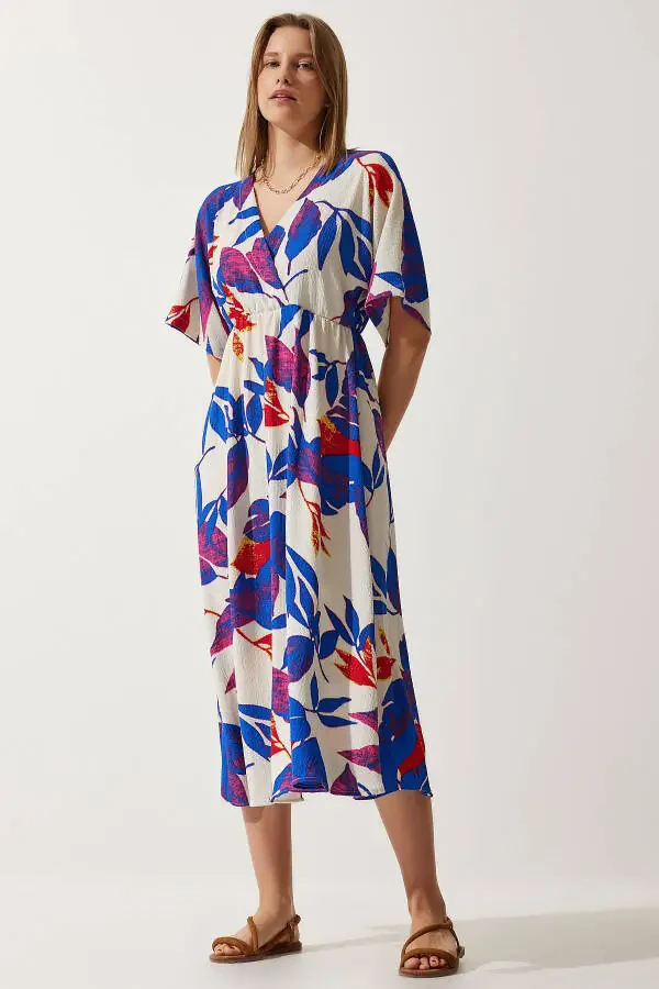 Women's Ecru Blue Envelope Collar Patterned Knit Dress DK00167 - 2