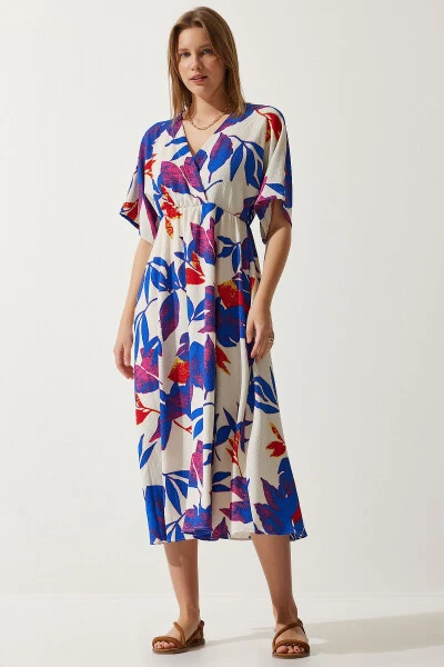 Women's Ecru Blue Envelope Collar Patterned Knit Dress DK00167 - 4