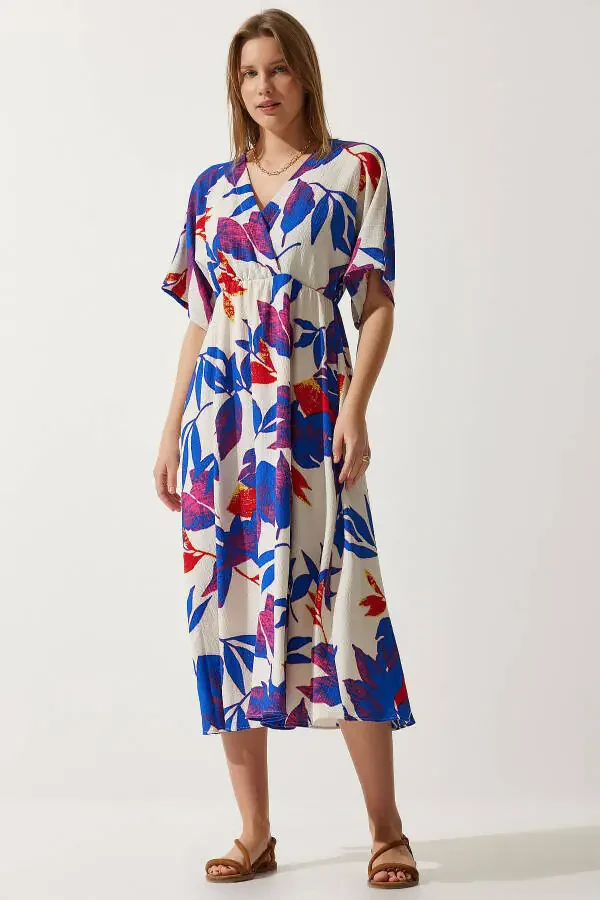 Women's Ecru Blue Envelope Collar Patterned Knit Dress DK00167 - 4