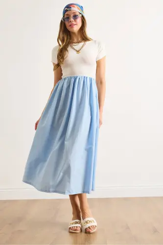 Women's Ecru Blue Trimmed Short Sleeve Midi Dress ELB-19002366-Ecru Blue 