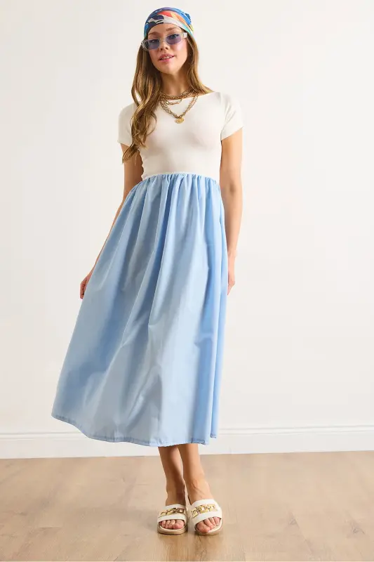 Women's Ecru Blue Trimmed Short Sleeve Midi Dress ELB-19002366-Ecru Blue - OLALOOK