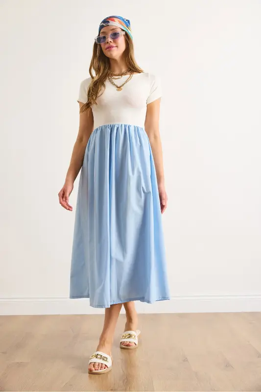 Women's Ecru Blue Trimmed Short Sleeve Midi Dress ELB-19002366-Ecru Blue - 2