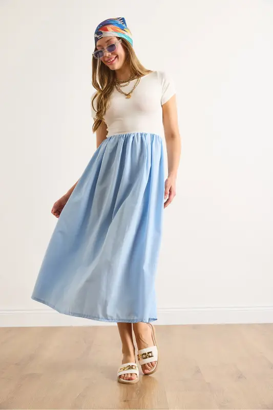 Women's Ecru Blue Trimmed Short Sleeve Midi Dress ELB-19002366-Ecru Blue - 3