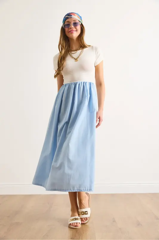 Women's Ecru Blue Trimmed Short Sleeve Midi Dress ELB-19002366-Ecru Blue - 4