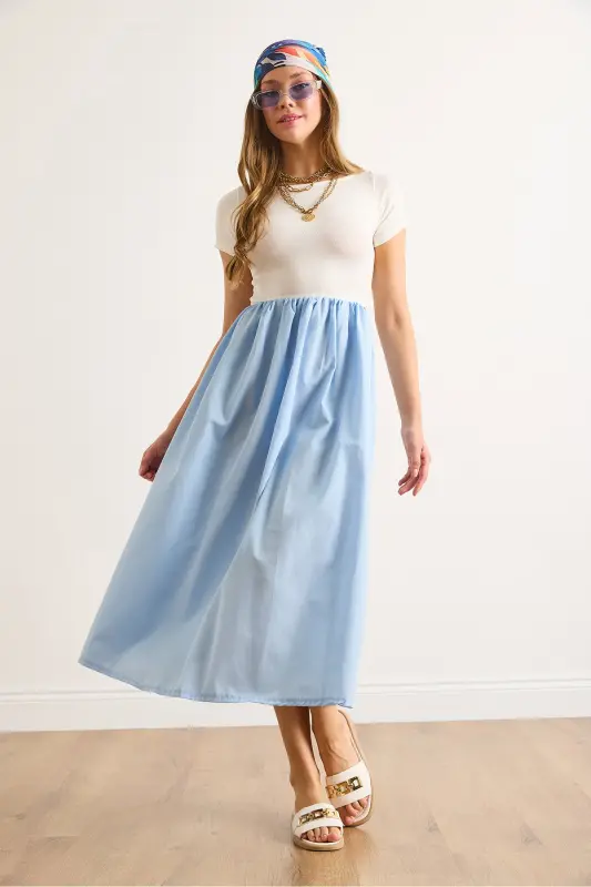 Women's Ecru Blue Trimmed Short Sleeve Midi Dress ELB-19002366-Ecru Blue - 5