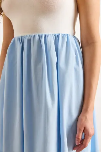 Women's Ecru Blue Trimmed Short Sleeve Midi Dress ELB-19002366-Ecru Blue - 6