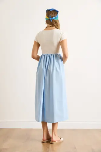 Women's Ecru Blue Trimmed Short Sleeve Midi Dress ELB-19002366-Ecru Blue - 7