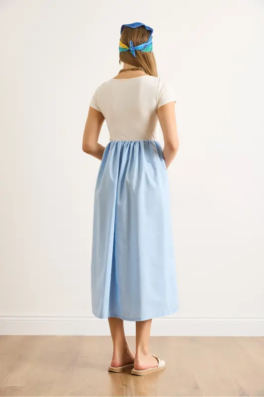 Women's Ecru Blue Trimmed Short Sleeve Midi Dress ELB-19002366-Ecru Blue - 7