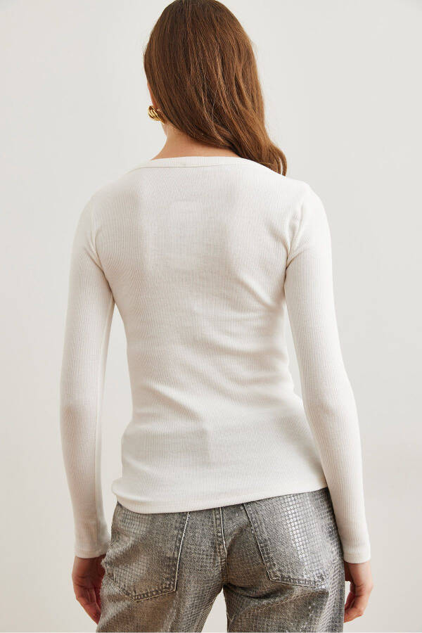 Women's Ecru Boat Neck Ribbed Stretch Cotton Blouse BLZ-19002795 - 2