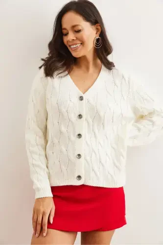 Women's Ecru Braided Knit Cardigan HRK-19000298-Ecru - Modazone (1)