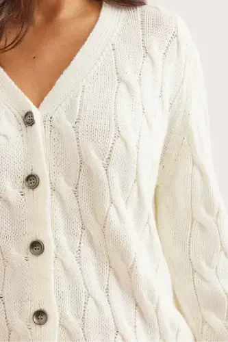 Women's Ecru Braided Knit Cardigan HRK-19000298-Ecru - 5