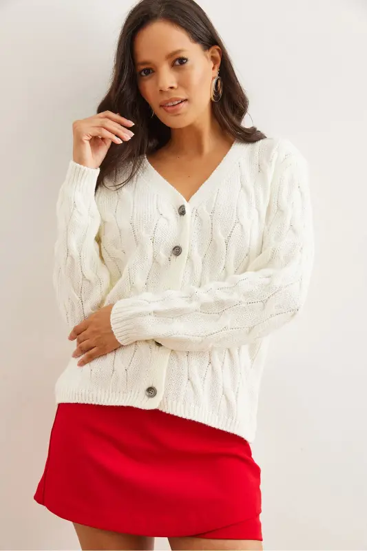 Women's Ecru Braided Knit Cardigan HRK-19000298-Ecru - OLALOOK