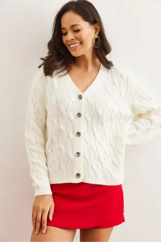 Women's Ecru Braided Knit Cardigan HRK-19000298-Ecru - OLALOOK (1)