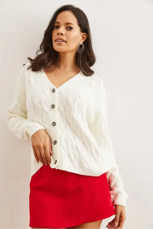 Women's Ecru Braided Knit Cardigan HRK-19000298-Ecru - 3