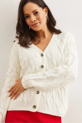 Women's Ecru Braided Knit Cardigan HRK-19000298-Ecru - 4