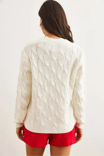 Women's Ecru Braided Knit Cardigan HRK-19000298-Ecru - 6