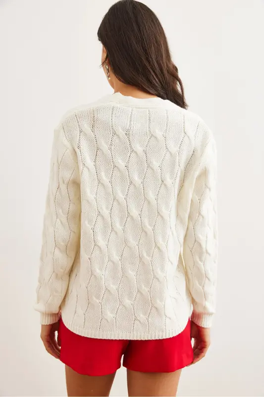 Women's Ecru Braided Knit Cardigan HRK-19000298-Ecru - 6