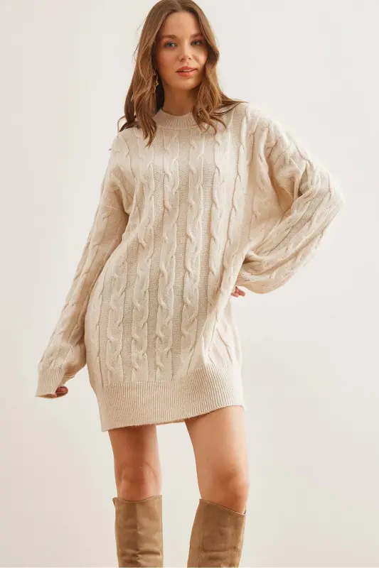 Women's Ecru Braided Knit Tunic Dress ELB-19002 - OLALOOK
