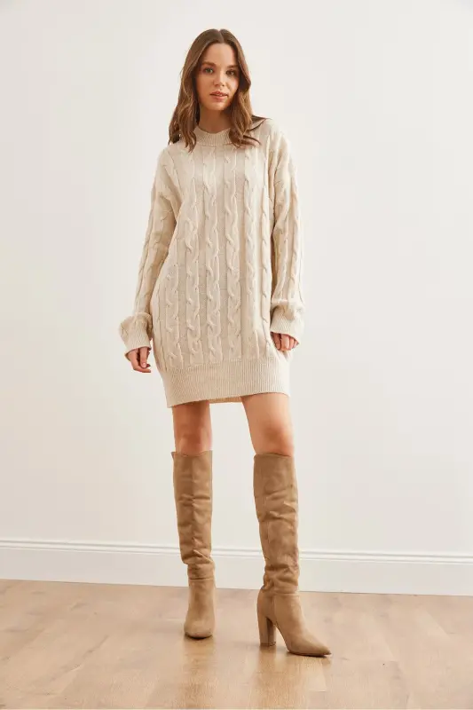 Women's Ecru Braided Knit Tunic Dress ELB-19002 - 2