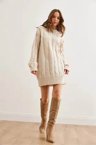 Women's Ecru Braided Knit Tunic Dress ELB-19002 - 3