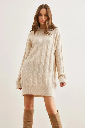 Women's Ecru Braided Knit Tunic Dress ELB-19002 - 4