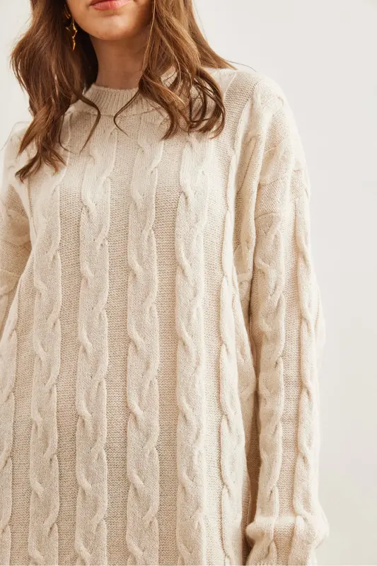 Women's Ecru Braided Knit Tunic Dress ELB-19002 - 6