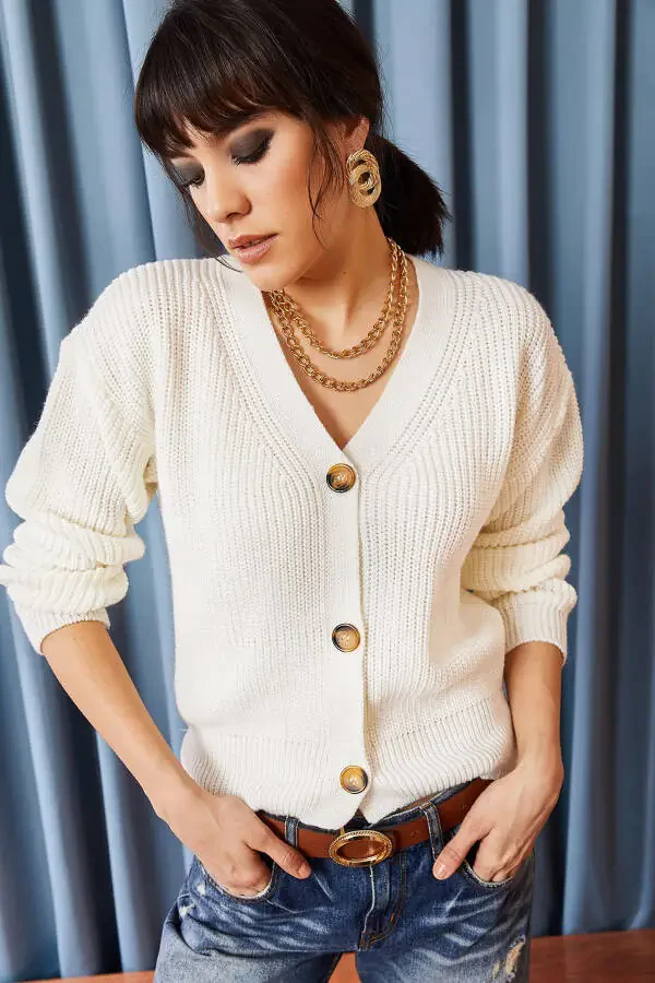 Women's Ecru Button Cardigan - 1
