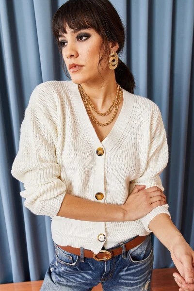 Women's Ecru Button Cardigan - 3