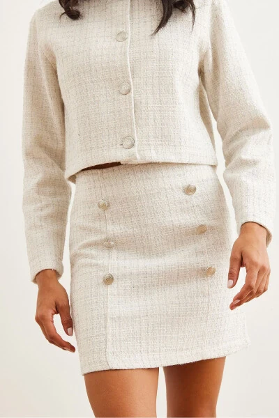 Women's Ecru Button Detail Skirt Jacket Suit TKM-19000316 - 5