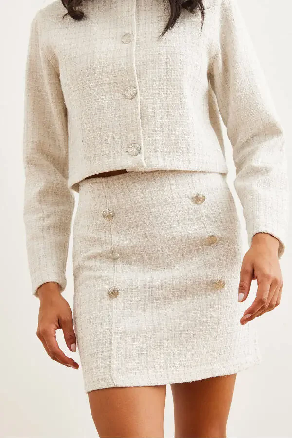 Women's Ecru Button Detail Skirt Jacket Suit TKM-19000316 - 5