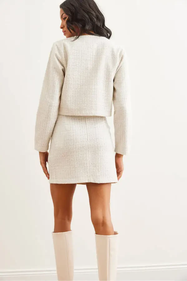 Women's Ecru Button Detail Skirt Jacket Suit TKM-19000316 - 6