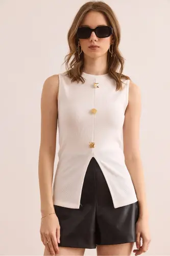 Women's Ecru Button Detailed Ribbed Blouse BLZ-19002909 - 10