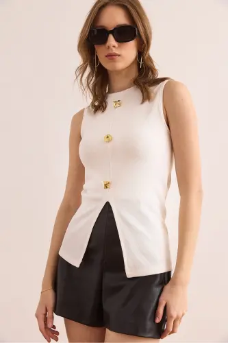 Women's Ecru Button Detailed Ribbed Blouse BLZ-19002909 - 7
